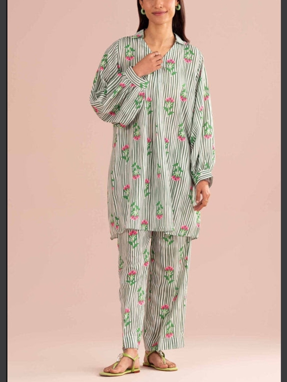 Pakistani Nishat Linen Striped Green & Pink Floral Coord Set